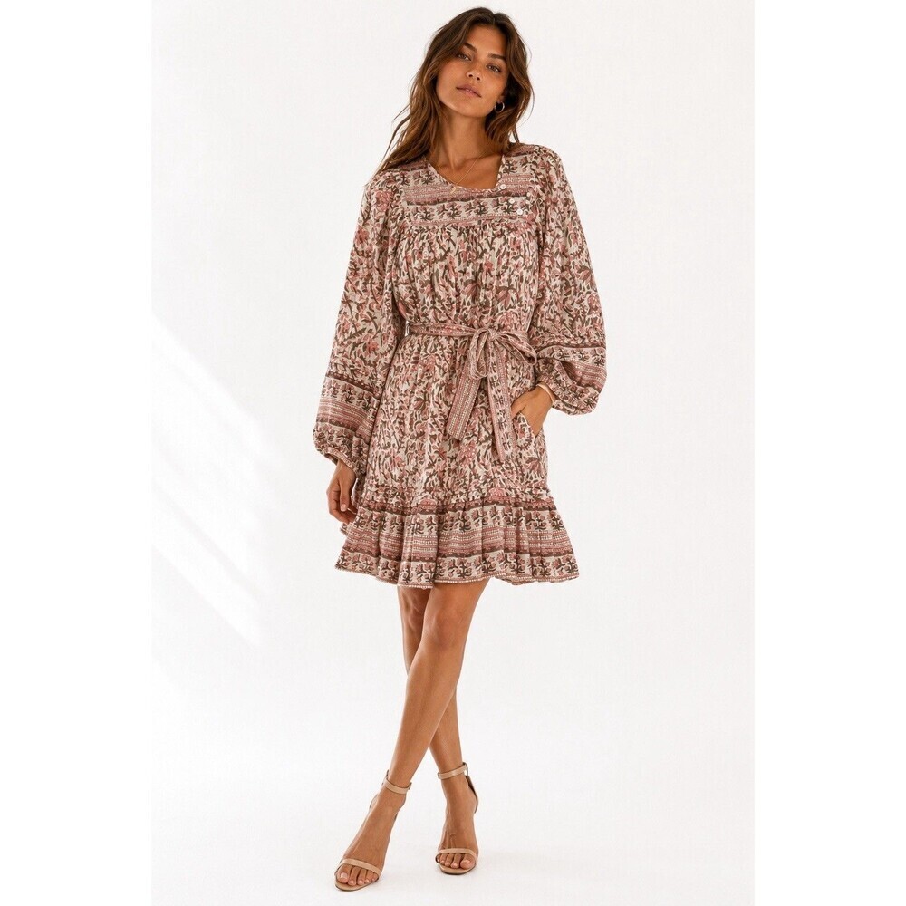 Cleobella Vivian Mini Dress S Zinnia Print Organic Cotton Lurex Belted Boho